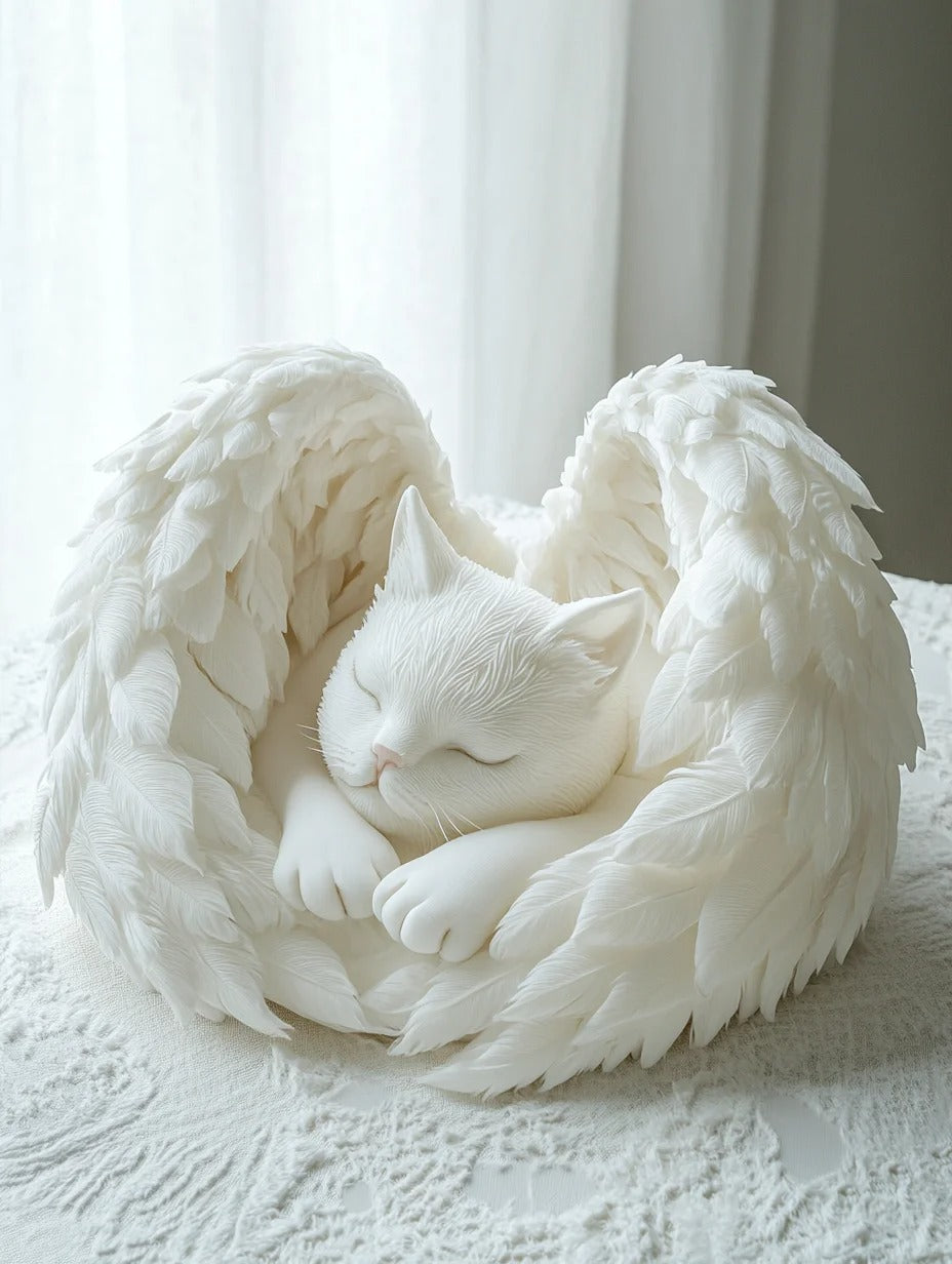 White Angel Cat Sleeping in the Wings of Heaven Customized Urn