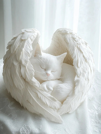 White Angel Cat Sleeping in the Wings of Heaven Customized Urn